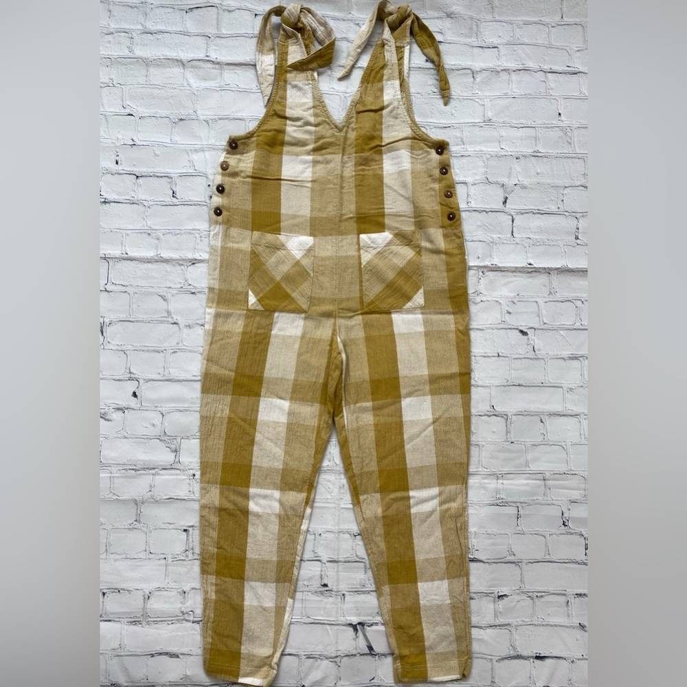 Free People Tan and Cream Plaid Jumpsuit